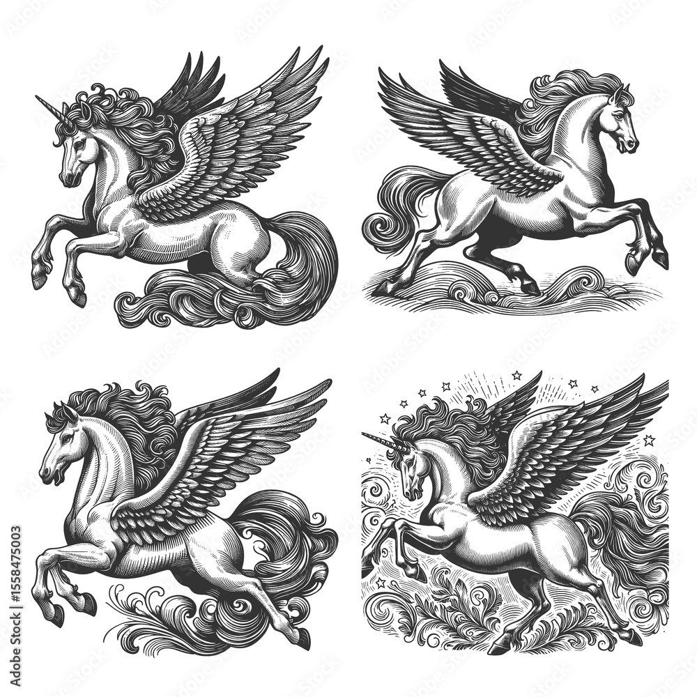 Poster winged unicorn pegasus set collection bundle sketch engraving generative ai raster illustration. scr