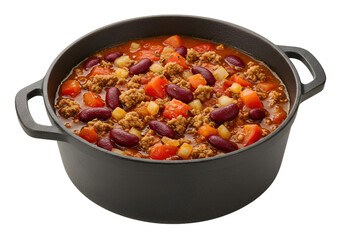 Hearty chili con carne simmering in a cast iron pot, showcasing vibrant beans, tomatoes, and ground meat against a transparent backdrop.