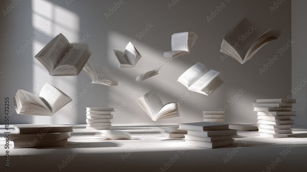 Aufkleber Floating Books in a Serene Library Setting Enhancing an Atmosphere of Learning and Imagination