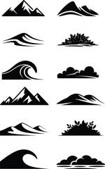 Solid Black Silhouettes of Mountains, Dunes, Leaf Piles & Hills  vector EPS Abstract Nature