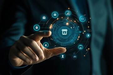 Fototapeta premium Businessman touching icon and utilizing advanced access management systems to enhance security protocols, streamline user permissions, ensure data privacy, maintain compliance with industry standards