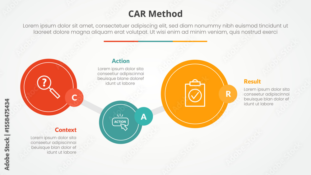 Poster car interview model infographic concept for slide presentation with big circle timeline up and down 