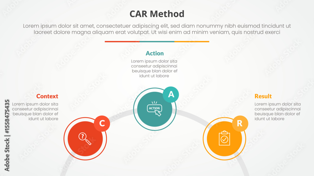Poster car interview model infographic concept for slide presentation with circle outline linked circular o