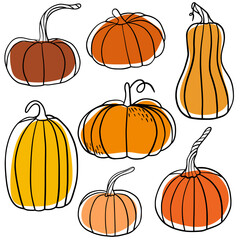 Line art pumpkin set. Minimalist autumn and Halloween collection with various pumpkins in different shapes. Perfect for seasonal decoration, prints, stickers, cards, and packaging.