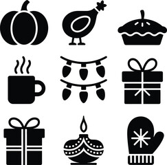 Solid Black Silhouettes of Seasonal Produce and Festive Items – Vector EPS Holiday Celebration Pack