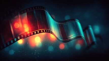 Abstract film strip floating with vibrant bokeh lights in background, creating a dynamic and cinematic scene.