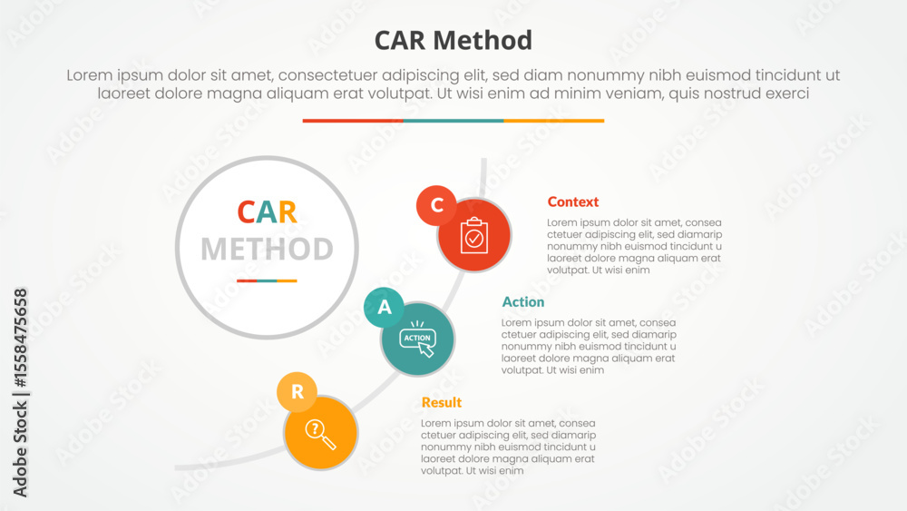 Poster car interview model infographic concept for slide presentation with big circle and half circle line 