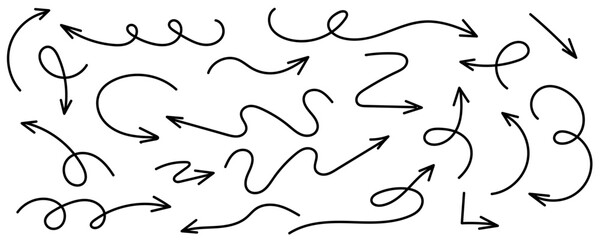 Set of multidirectional black arrows, hand drawn on white background.