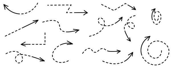 Set of multidirectional black arrows, hand drawn on white background.