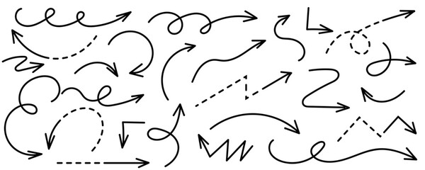 Set of multidirectional black arrows, hand drawn on white background.