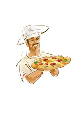 Pizza chef with chef hat serving a delicious pizza