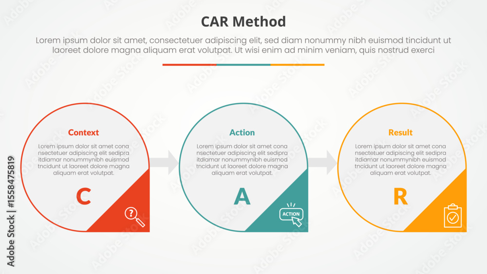Poster car interview model infographic concept for slide presentation with big circle outline and arrow tri