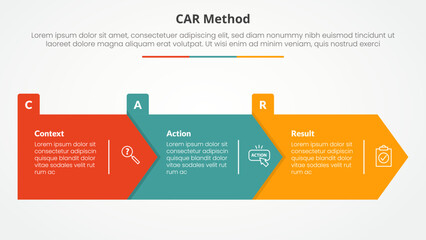 CAR interview model infographic concept for slide presentation with big arrow rectangle shape right direction with 3 point list with flat style