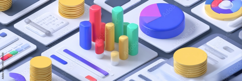 Poster isometric budget software interface featuring growth bars and colorful data visualizations for finan