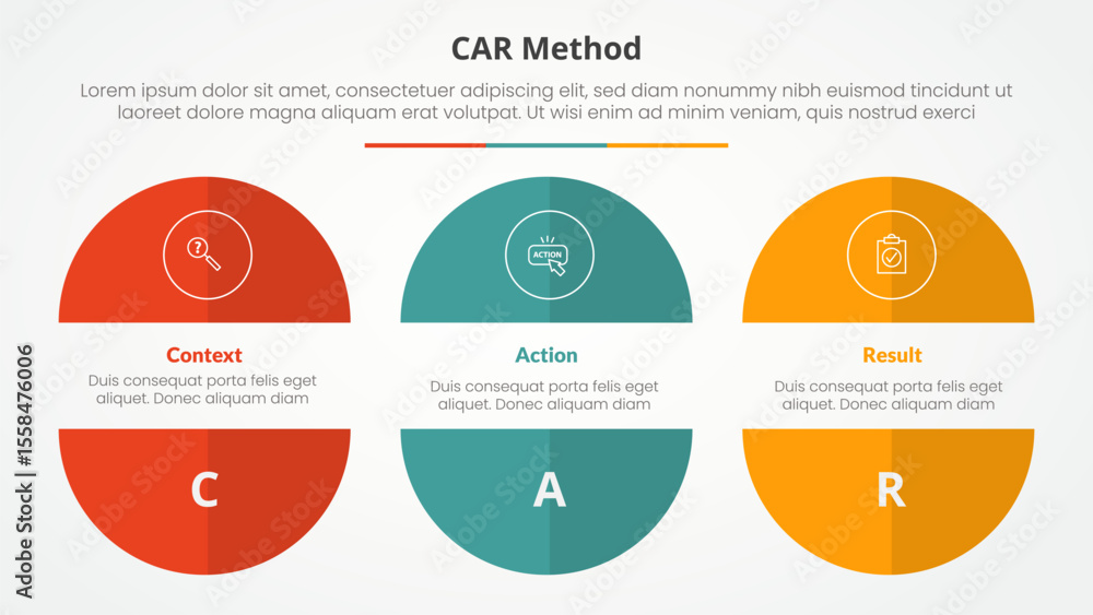 Poster car interview model infographic concept for slide presentation with big circle cut truncated half sl
