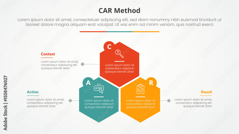 Poster car interview model infographic concept for slide presentation with hexagon or hexagonal shape struc