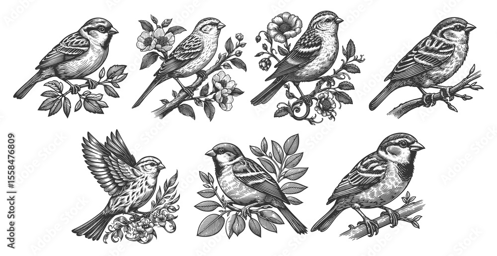Poster sparrow bird set collection bundle sketch engraving generative ai raster illustration. scratch board