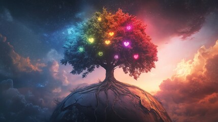 Illustration of a cracked Earth sprouting a symbolic tree with branches displaying glowing mental illness icons—chains, clouds, tears—and blooming rainbow solutions, reflecting growth and recovery