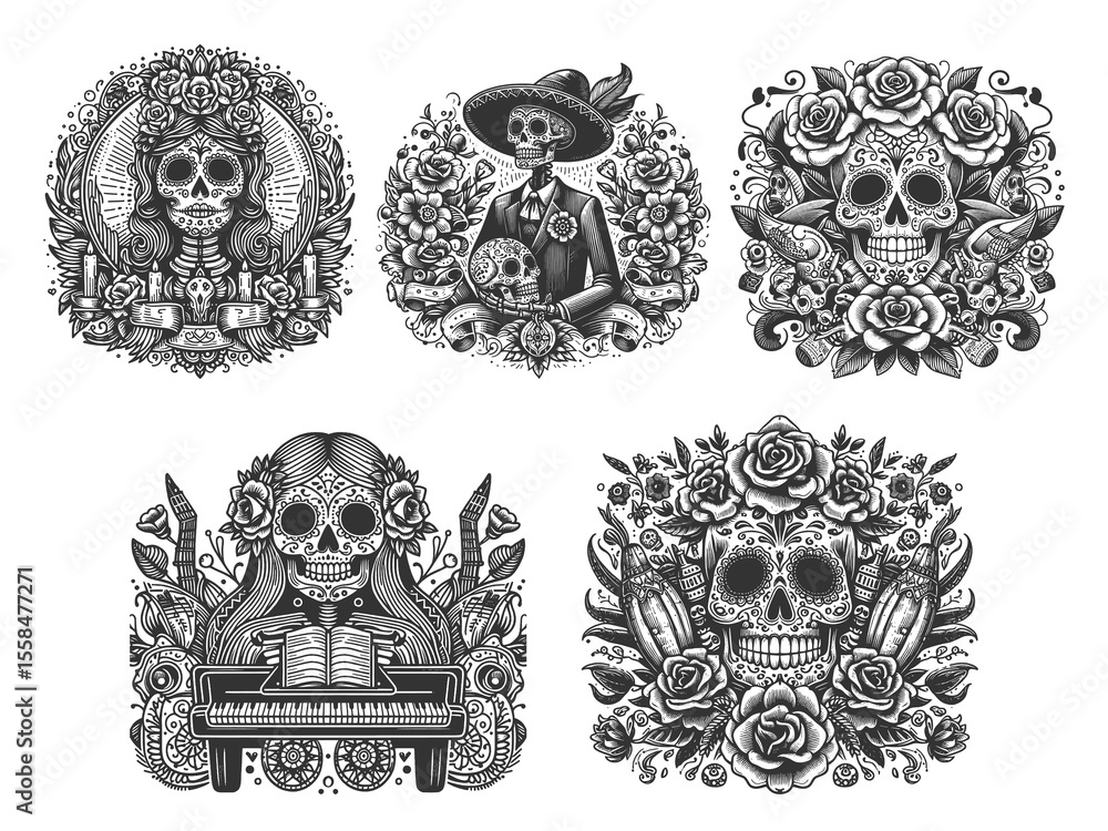 Poster day of the dead skull set collection bundle sketch engraving generative ai raster illustration. scra