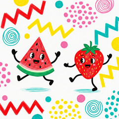 Fototapeta premium Energetic Fruity Friends Dancing Amidst Bold Crayon Zigzags and Polka Dots in a Seamless Pattern