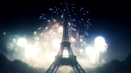 Eiffel Tower Fireworks Display: Paris Celebration at Night with Sparkling Pyrotechnics