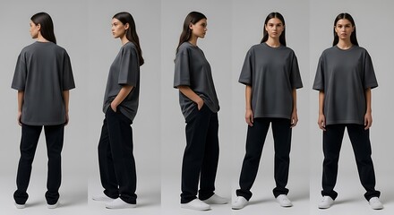 Oversized Charcoal Grey T-Shirt and Dark Navy Trousers: Five-Angle Fashion Studio Shot