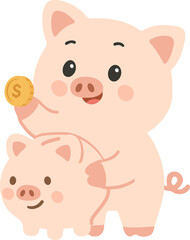 Hand-Drawn Piggy Bank with Coin Illustration