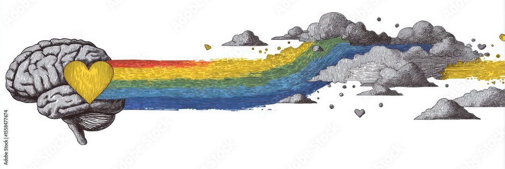 Poster Rainbow Flows From Brain to Heart Symbolizing Neurodiversity and Emotional Connection Through Vibrant Colors and Artistic Expression