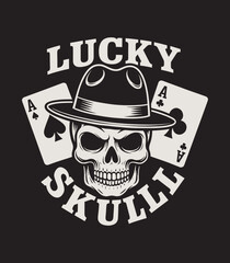 Lucky Skull T-Shirt Design with Playing Cards and Fedora Hat – Gambling and Poker Vector Illustration