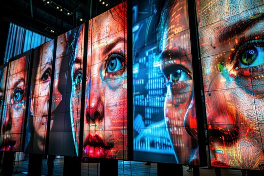 Intriguing Digital Display Featuring Woman's Face: High-Tech Data Visualization, Futuristic Concept in Red and Blue