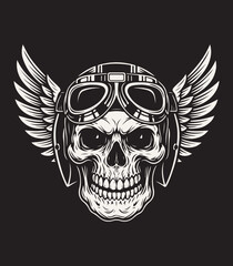 Winged Skull with Aviator Helmet and Goggles – Vintage Biker T-Shirt Vector Illustration