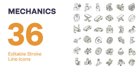 Mechanics Editable Stroke Line Icons &ndash; 36 Vector Icon Set