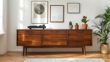 Mid-century modern living room interior with wooden sideboard, framed art, potted plants, and a record player, creating a cozy atmosphere