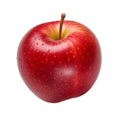 Fresh red apple with a stem features vibrant color and water droplets on the peel  png isolated on transparent background. 