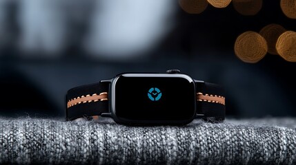 Modern smartwatch with a sleek design resting on a textured surface, blurred lights in background