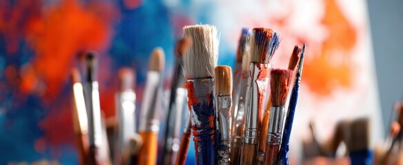 The vibrant collection of paintbrushes in an artist's creative workspace.