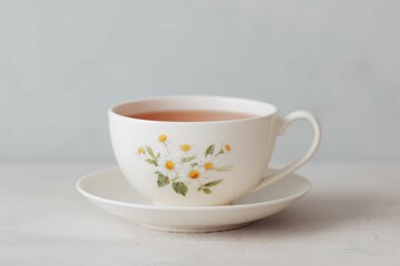 Obraz premium Extreme close-up of a tea cup with flowers inside for refreshments in the garden. Beautiful simple AI generated image