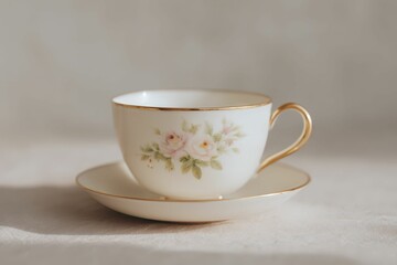 Delicate Floral Ceramic Teacup & Saucer Set - Spring Blossom Design. Beautiful simple AI generated image
