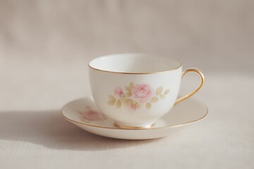 Fototapeta premium Extreme close-up of a tea cup with flowers inside for refreshments in the garden. Beautiful simple AI generated image
