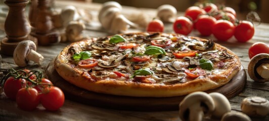 The delicious pizza topped with fresh vegetables and herbs on a rustic wooden table.