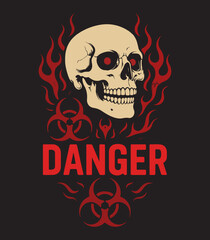 Danger Skull T-Shirt Design – Red Biohazard Flames with Toxic Warning Graphic