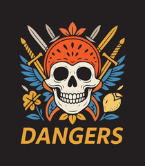 Skull and Swords T-Shirt Design – Colorful Danger Illustration with Floral Tattoo Style Elements