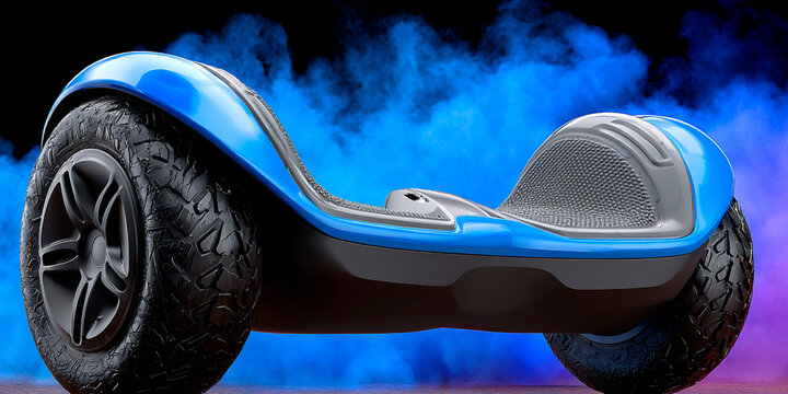 Blue futuristic hoverboard with large rugged tires and textured footpads on a smoky background, modern personal transportation device symbolizing innovation, speed and urban mobility
