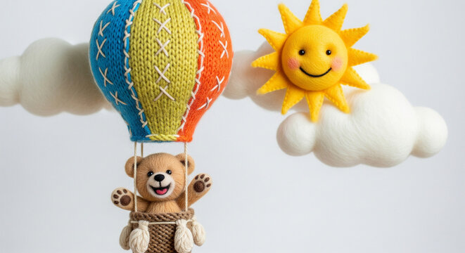 A little happy teddy bear, flying and waving his hand on a knitted woolen balloon, against the background of clouds made of woolen felt, and the smiling face of the sun