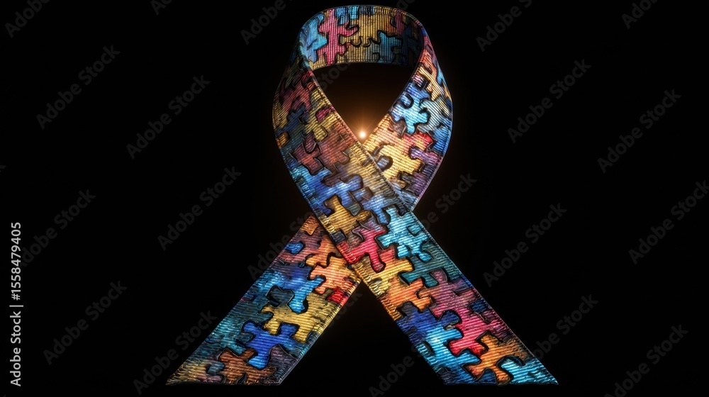 Poster colorful puzzle ribbon glowing in the center of an abstract brain design