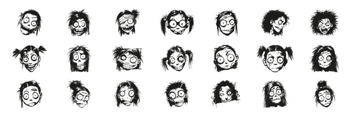 Zombie Faces In Silhouette Set. Horror And Halloween Character Expression Collection. Entertainment And Themed Event Use. Isolated Vector Illustration
