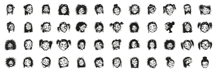 Creepy Character Faces In Silhouette Set. Horror And Halloween Theme Collection. Artistic And Entertainment Use. Isolated Vector Illustration