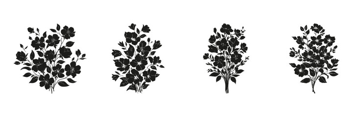 Floral Silhouettes In Icon Set. Botanical And Nature Design Collection. Decorative And Artistic Use. Isolated Vector Illustration