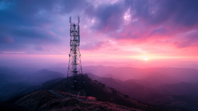 Stunning telecommunications tower silhouetted against a vibrant pink and purple sunset over mountain landscape