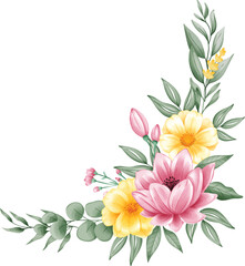 Corner Series of Beautiful Watercolor Pink and Yellow Flower Bouquets